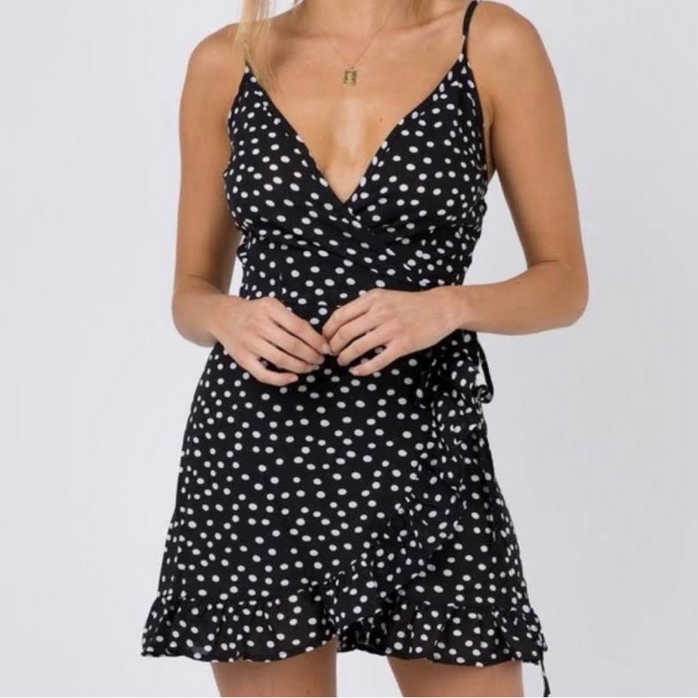 Princess Polly Black and White Polka Dot Mini Wrap Dress
